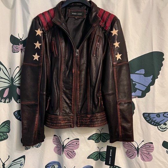 Black Rivet Jackets & Blazers - Black Rivet Dark Brown Jacket with Red and White Stars